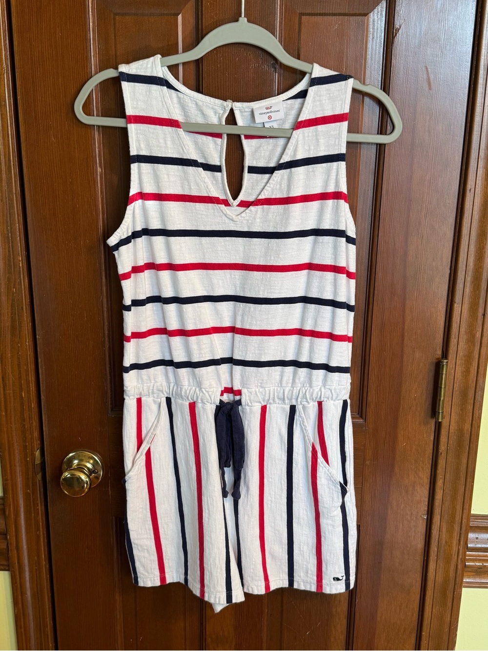 Vineyard Vines Target Striped Sleeveless Romper in White, Navy & Red